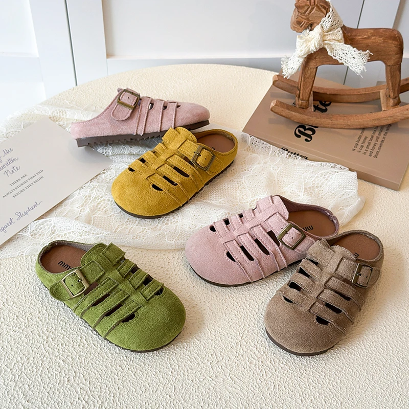 Kids Suede Sandals for Girls Anti-slippery Sole Toddler Roman Slippers Pastel Colors Princess Beach Garden Shoes Barefoot Ins