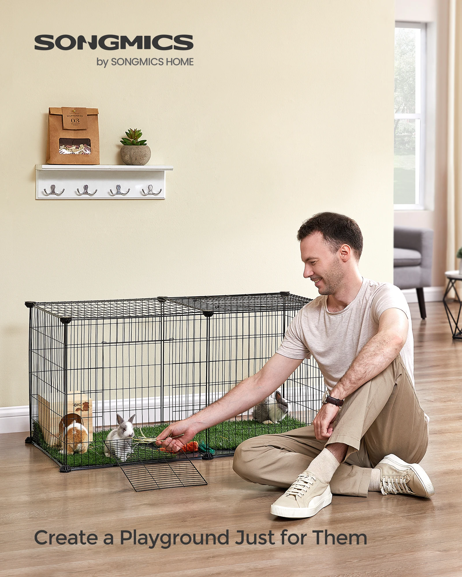 SONGMICS Small Animal Cage, Pet Cage, XL, with Top, Base, 2 Doors, Easy to Clean, 102 x 51 x 51 cm