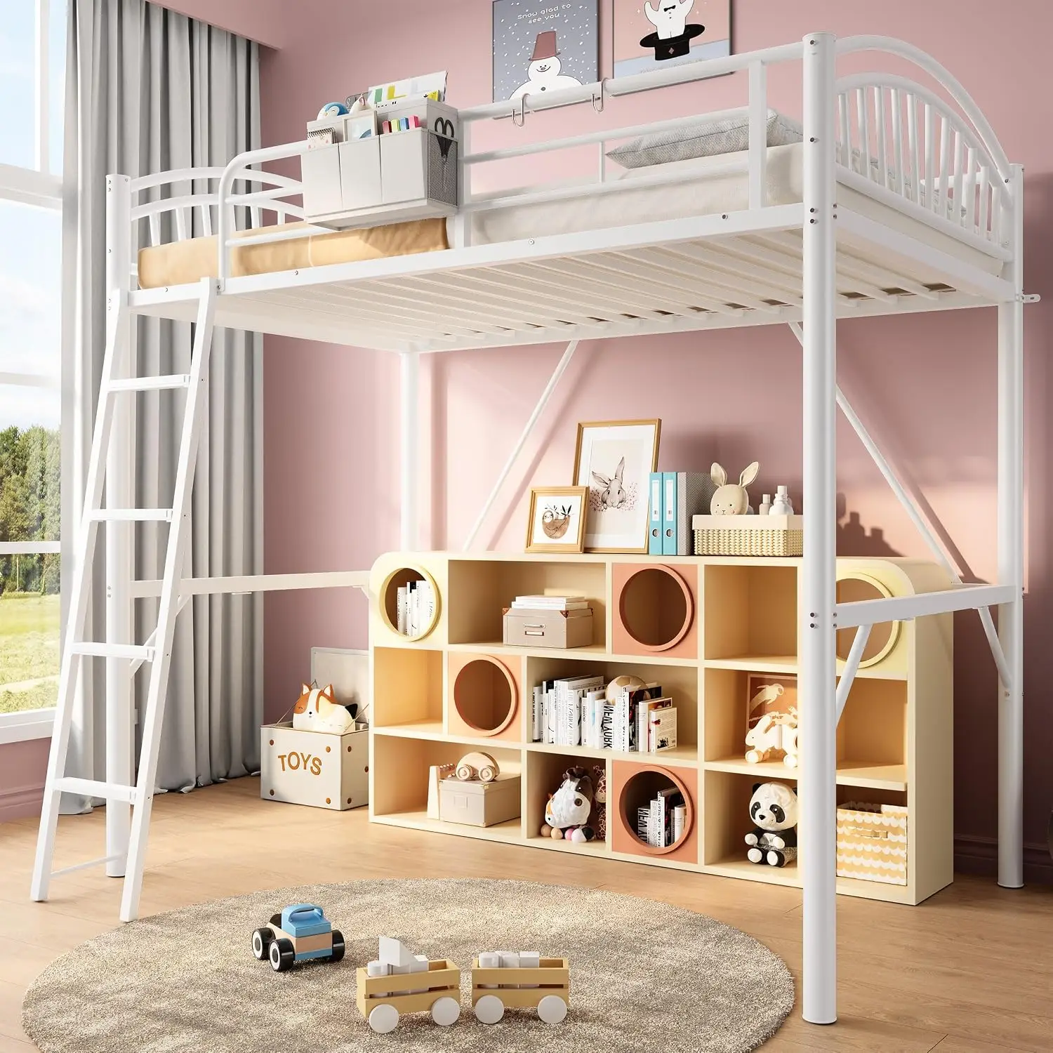 Decofy Loft Bed White Twin with Storage Bag, Metal Twin Size Loft Beds for Kids with Convertible Ladder, Safety Guard Rails and
