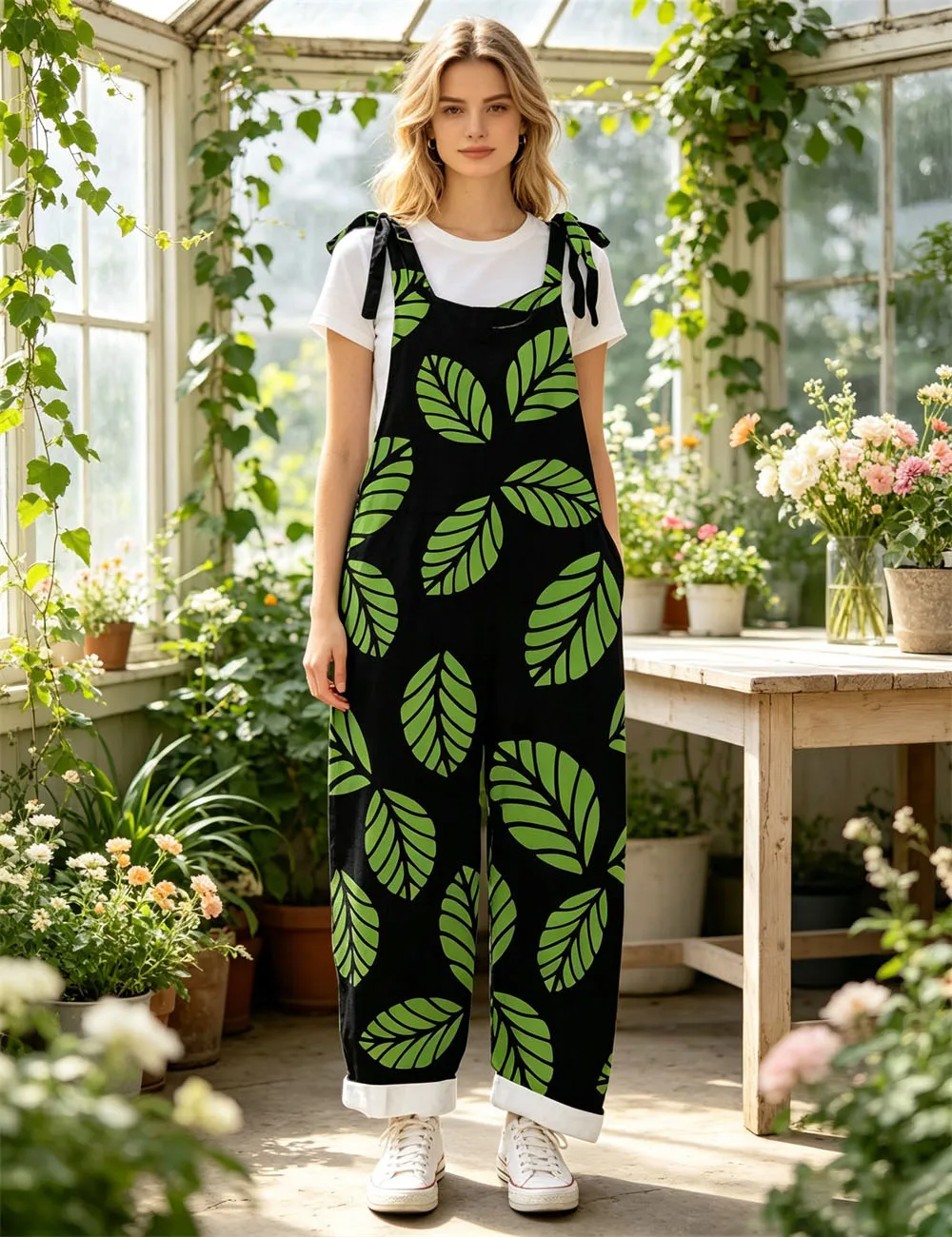 Ladies' new bright green hand-painted leaf print comfortable jumpsuit, off shoulder sleeveless loose jumpsuit