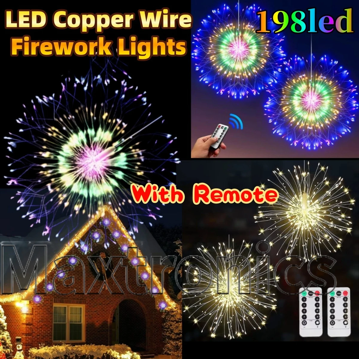 198led LED Copper Wire Firework Lights with Remote Fairy Starburst Light Warm White/color for Party Wedding Outdoor Decorations