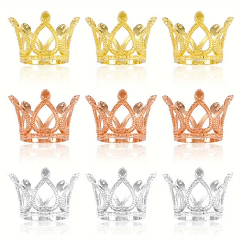 

10 шт./упак. полые мини-бусины в форме короны золотого/серебряного цвета с отверстием для изготовления колец, ювелирных изделий, рукоделия, аксессуаров для творчества