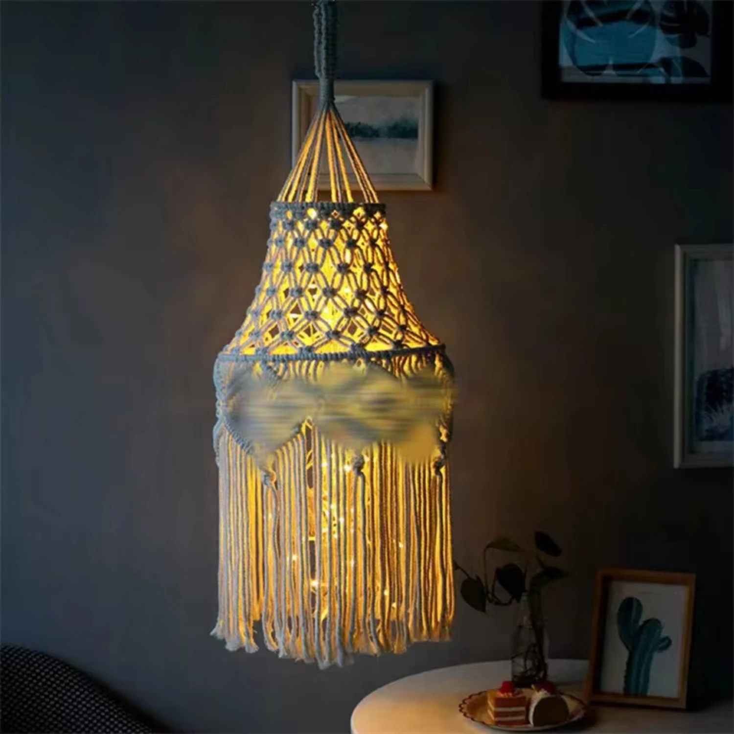 woven lampshade long fringe  bedroom decorative light frame   cotton rope lampshade for chandelier Lightstick cover