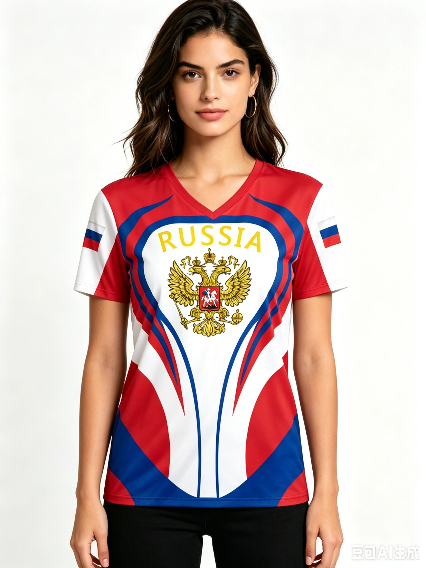 Russia National Emblem Pattern T Shirt For Women Summer Fashion V-neck Short Sleeve Tees Casual Loose Tops Trend Female Clothing