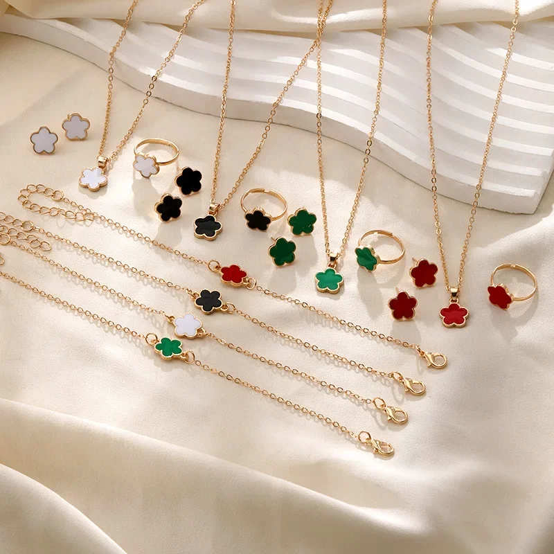 Lucky Five-petal Flower Clover Earrings Necklace Ring Bracelet Four-piece set for Woman Fashionable Accessories Party Jewelry image 5
