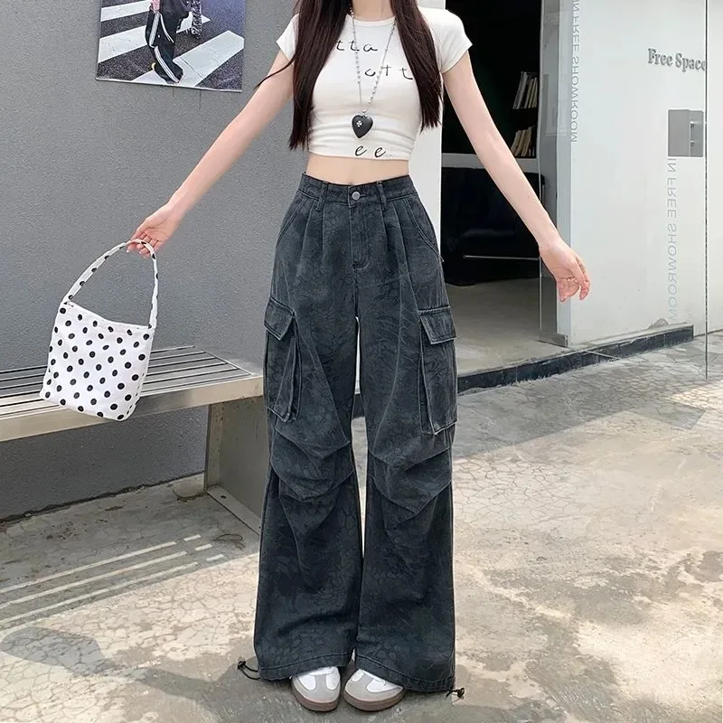 여성용 카고 루즈핏 멀티 포켓 가을 겨울 스트리트웨어 아메리칸 레트로 페이디드 카모플라주 프린트 와이드 레그 팬츠