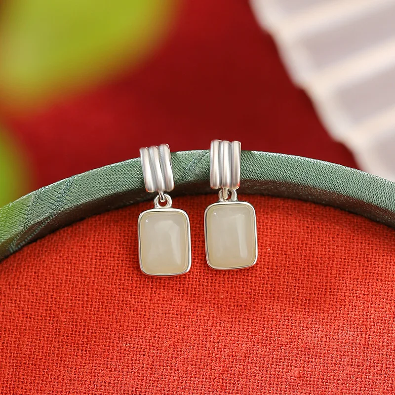 S925 Hetian Jade , Stylish Geometric Square Women'S Earrings, Silver Jewelry
