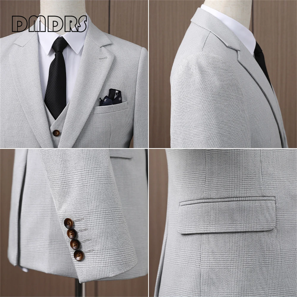 Grey Plaid Slim Fitting Formal Suit Set for Men Notched Lapel Blazer Single Breasted Plus Size Wedding Tuxedo for Groom