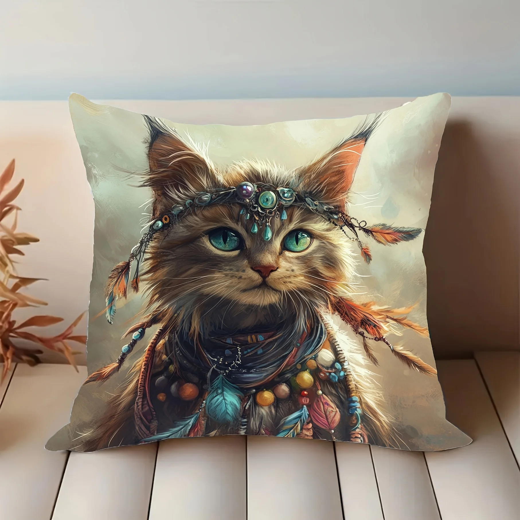 Boho Tribal Cat Pillow Cover, Watercolor Bohemian Feather Beaded Cat Art Print Decorative Cushion for Home Sofa Bed