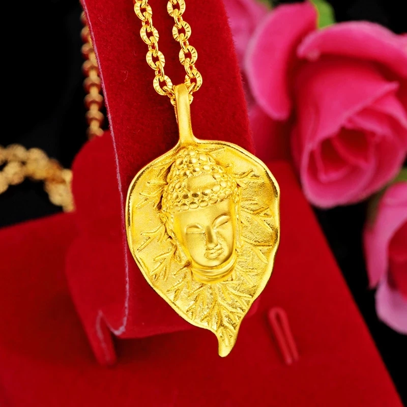 Real 18K Gold Color Necklace for Women Bridal Fine Jewelry Lucky Buddha Head Pendant Chain Necklaces Anniversary Gifts
