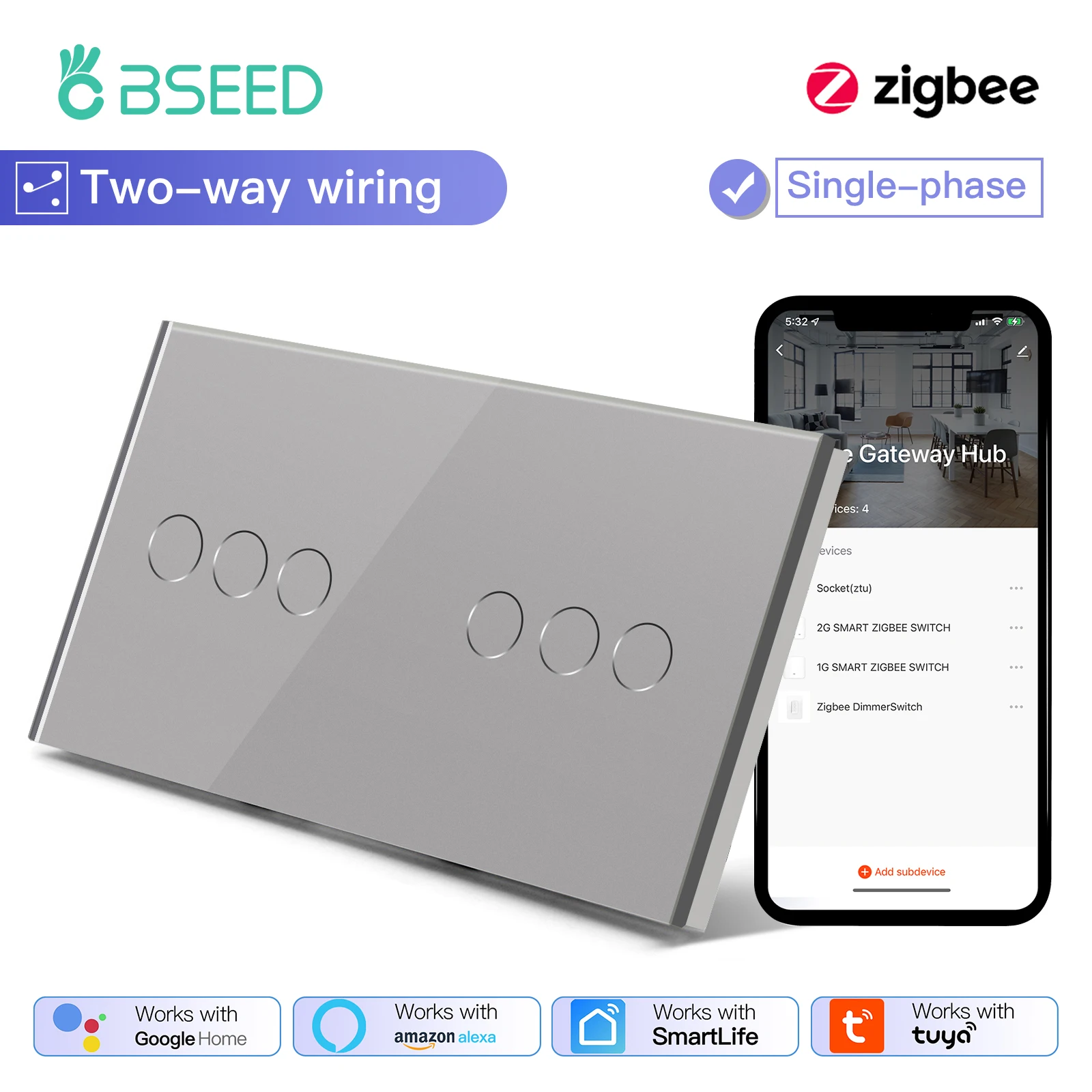 BSEED Smart Zigbee Touch Lichtschakelaar 1/2/3Gang Muur Touch Schakelaar 2Way Draad Compatibel met Smart Leven Alexa Google Thuis