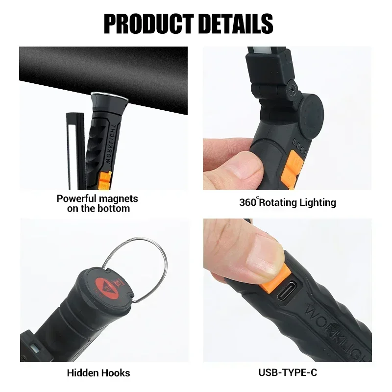 800LM tragbare COB-LED-Arbeitsleuchte, wiederaufladbare USB-Magnet-Hängelampe, eingebauter Akku, 4 Modi für Camping, Notfälle im Freien – Detail 6