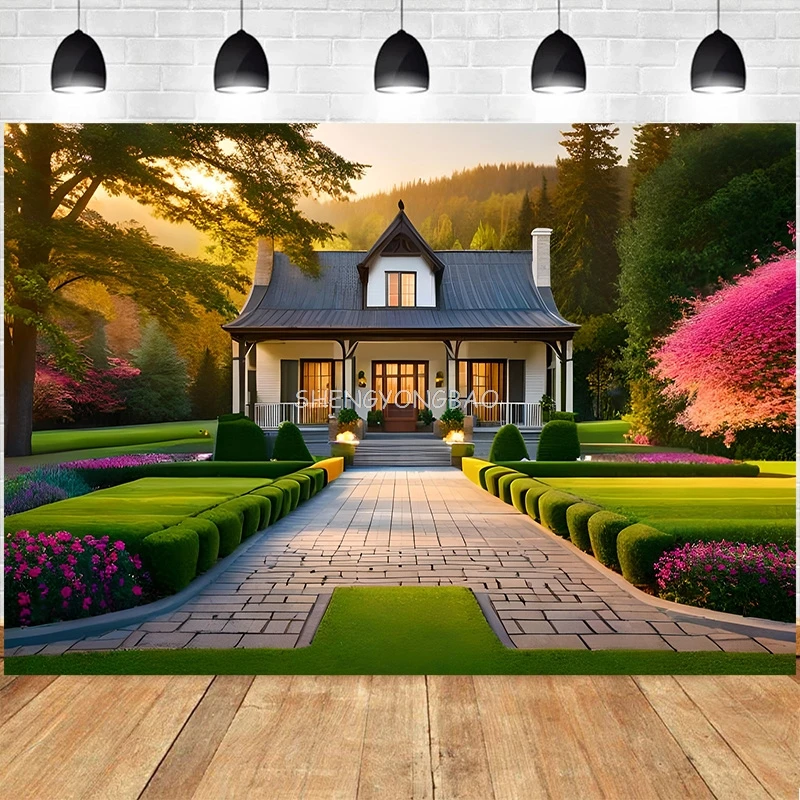 Country House With Fenced Yard Photography Backdrop Props Beautiful Garden Villa Theme Photo Studio Background HY-01