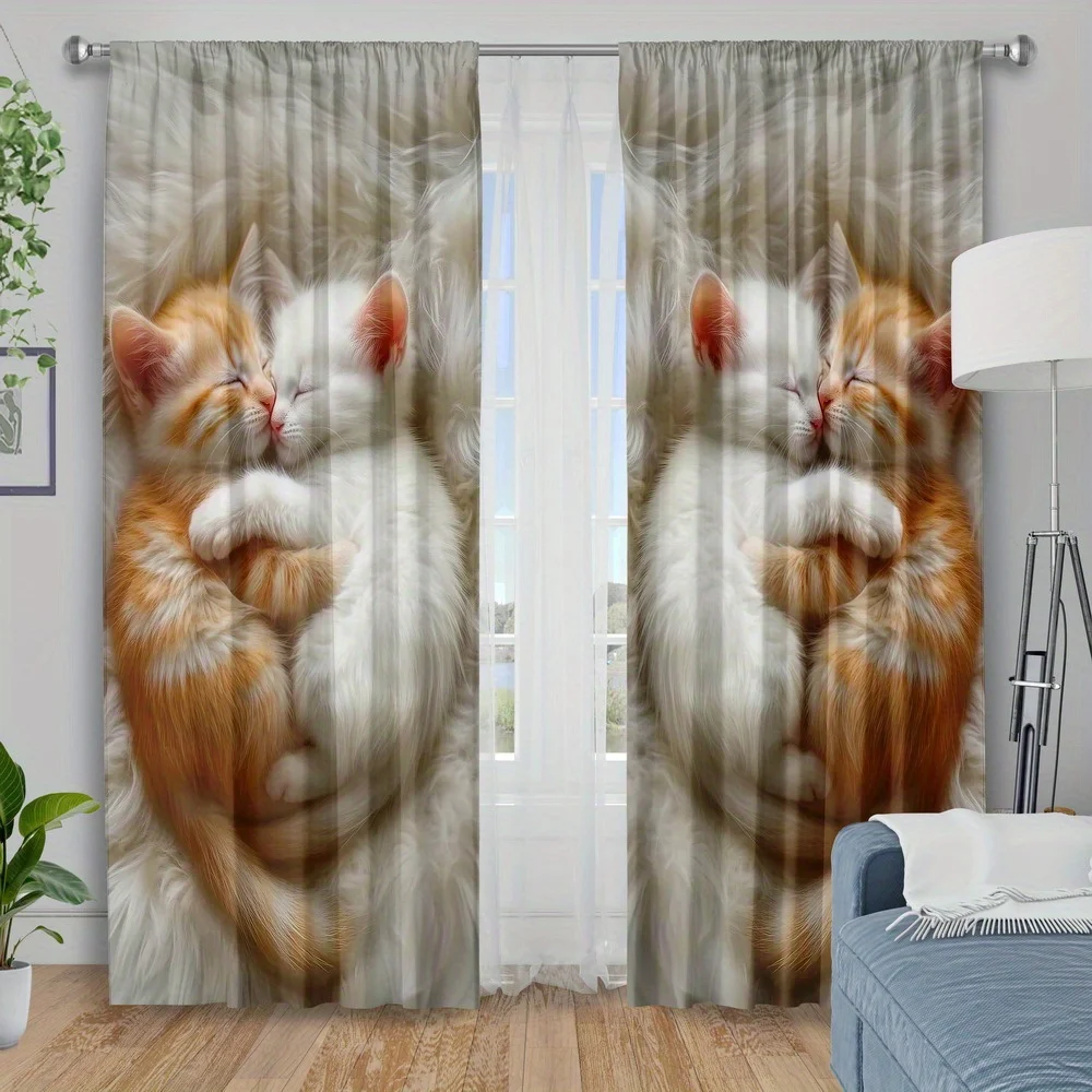 Cute Cat Curtain, Sleeping Kitten Print Drape, Soft Cozy Animal Window Treatment for Living Room Bedroom Kids Home Decor