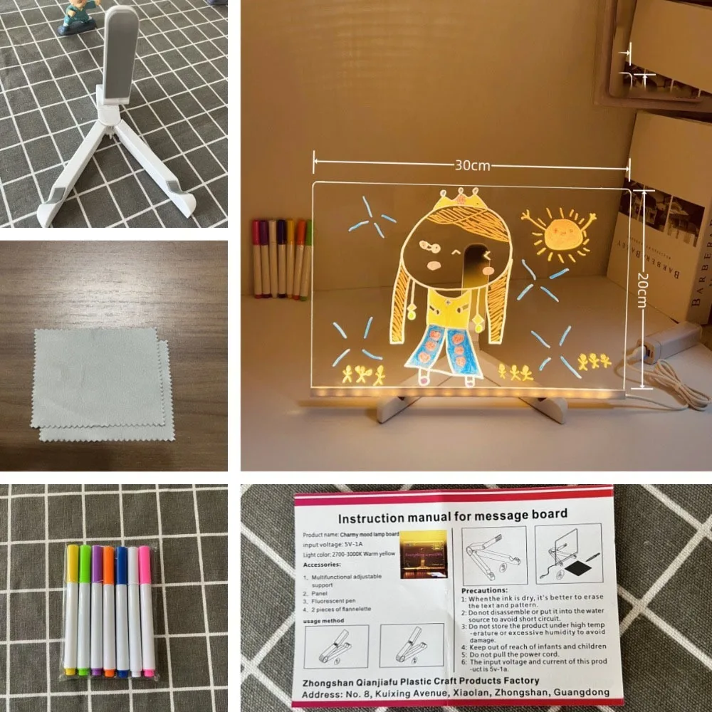 LED Note Board Acrylic Colorful LED Writing Board Night Light Erasable Message Board Decorative Rewritable Drawing Board