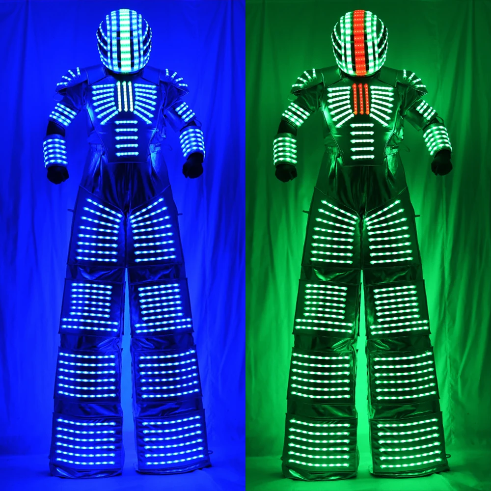 

Traje LED Robot Costume Led Clothes Stilts Walker Costume LED Suit Costume Helmet Laser Gloves CO2 Gun Jet Machine