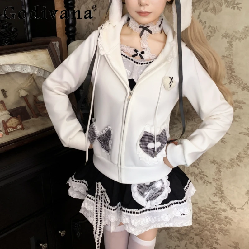 

Subculture Y2K Rabbit Ear Short White Cardigan Jackets Slim Fit Halter Short Sleeve T-Shirt Cake Half Skirt Set Womens Outfits