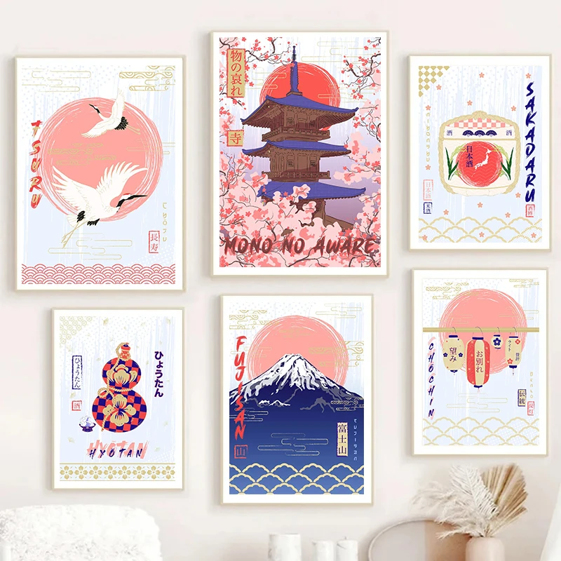 ملصق قماشي للمناظر الطبيعية الثقافية اليابانية Fujisan Kanagawa الحيوان رامين الغذاء جدار الفن يطبع لغرفة المعيشة الحديثة ديكور المنزل