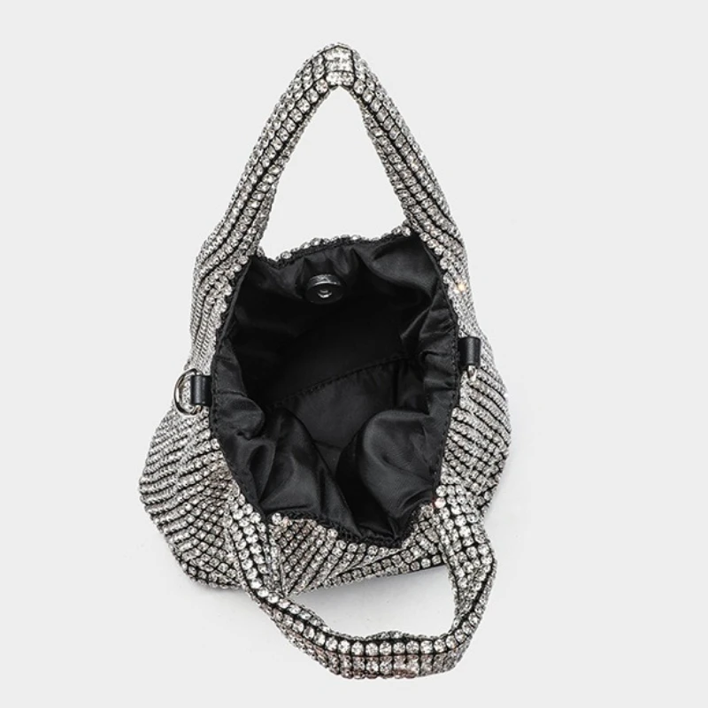 Women's Rhinestone Bucket Bag Chain Strap Crossbody Sparkly Crystal Evening Bag Convertible Top Handle Clutch