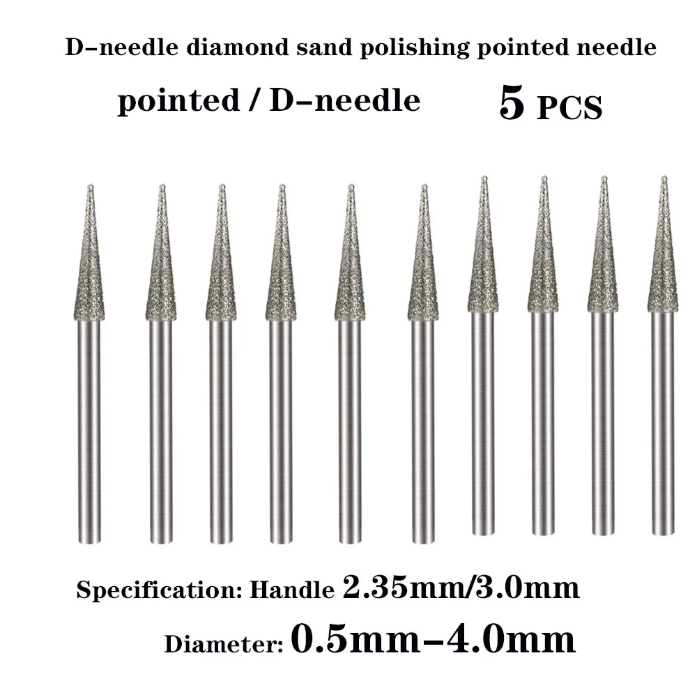 5pcs 0.5-4.0mm Diamond Pointed Shaped Grinding Head D-Needle 2.35/3mm Shank Drill Bits Burr Engraving Bit for Rotary Tools