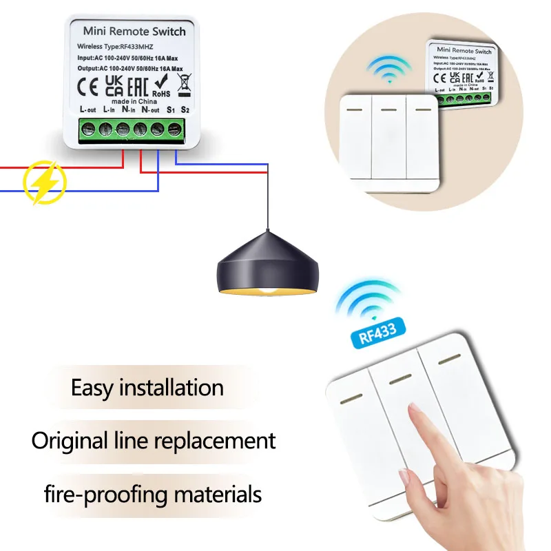 Wireless RF433 Smart Switch Relay Module 1/2/3 Gang Wall Switch 4 Key Mini Remote LED Lamp Fan Smart Lights Controller 110V 220V