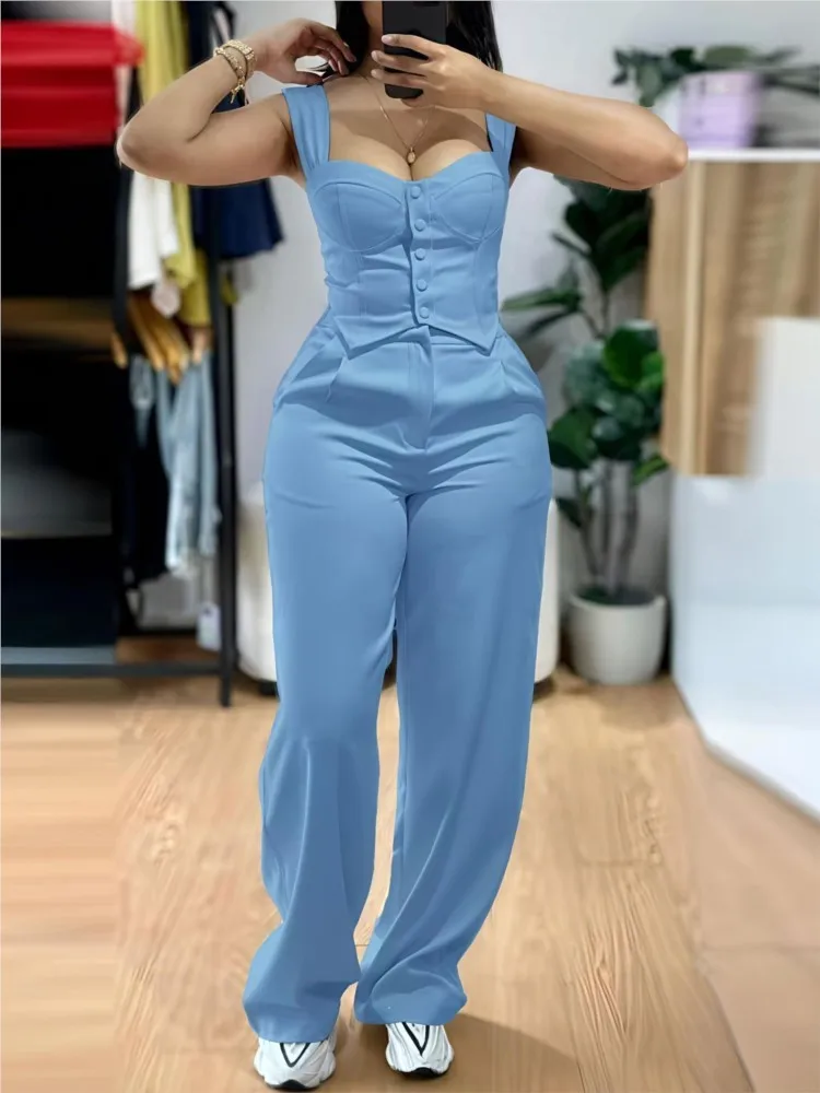 

Women's Solid Sleeveless Tank Two Piece Sets Summer Short Vest Casual Button Slim Top & Wide-leg Pants Set Elegant Office Suit