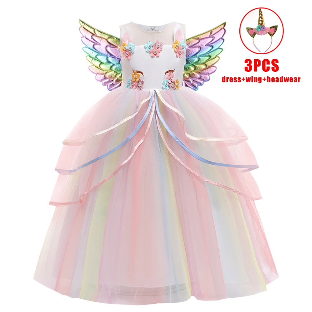 Teens Unicorn Girls Party Dresses Christmas Costumes Flower Wedding Princess Birthday Dress for Girl Rainbow Unicorns Prom Gown