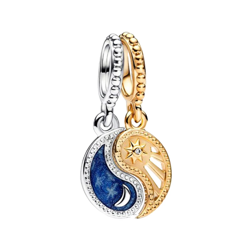 

Splittable Pendant Charms For Women Jewelry Shine Bright Yang Sun Cut Out Ray Silver 925 Yin Blue Enamel Dream Big Crescent Moon