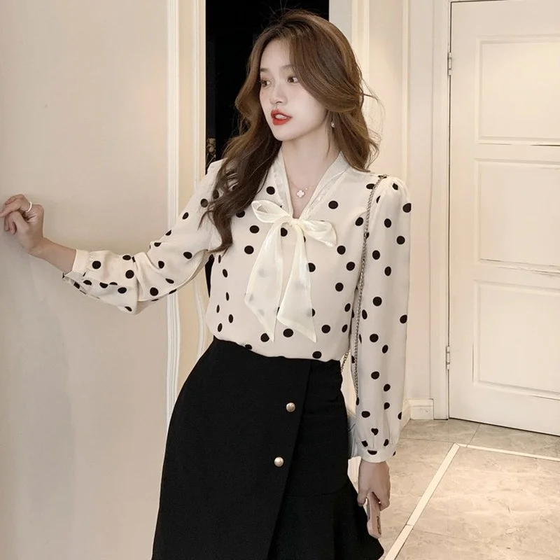 Polka Dot Chiffon Shirt Women\'s 2023 Spring and Autumn New Korean Style Fashion Bow Ribbon Long Sleeve Chiffon Blouse Female