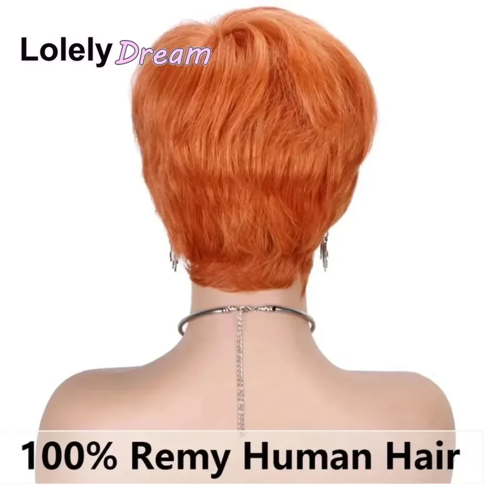 Lolely Dream Machine Made Women Short Orange Ginger 100%  Human Hair Wig with Bangs Remy Straight Wig Layered Pixie Cut Bob Wig image 5