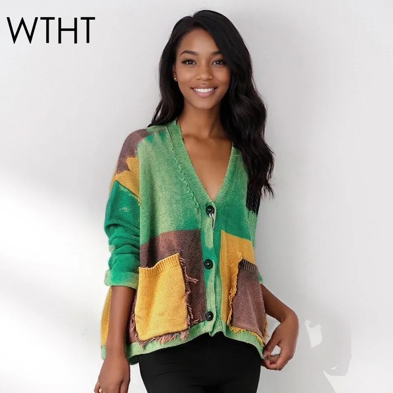 

WTHT модный женский лоскутный цветной свободный вязаный кардиган 2025 зимний модный свитер с v-образным вырезом и длинными рукавами женский 1LS2640