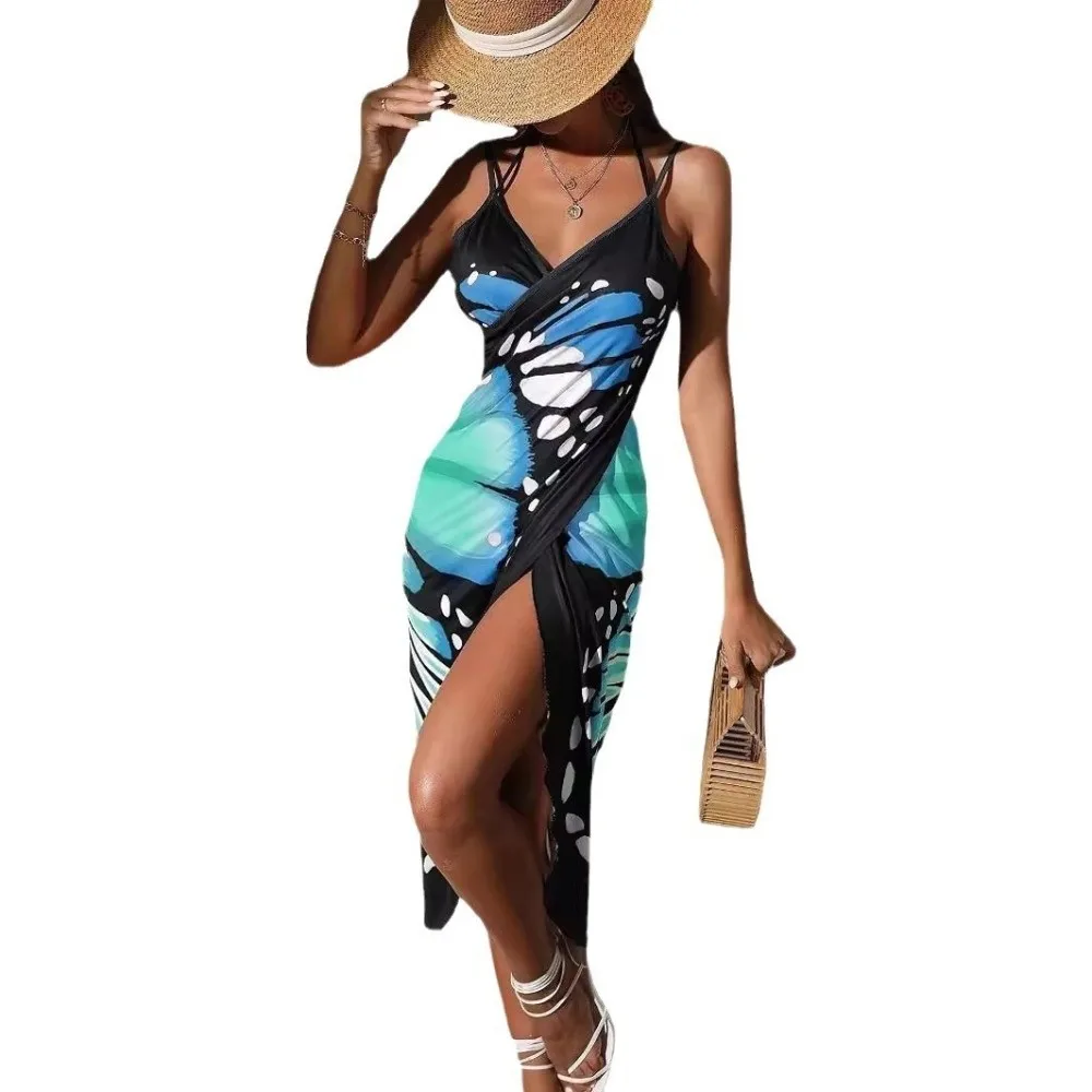 Wrap Design Butterfly Swimsuit Cover Up Midi Length Lightweight Fabric Lightweight Sarong Flowy Butterfly Print