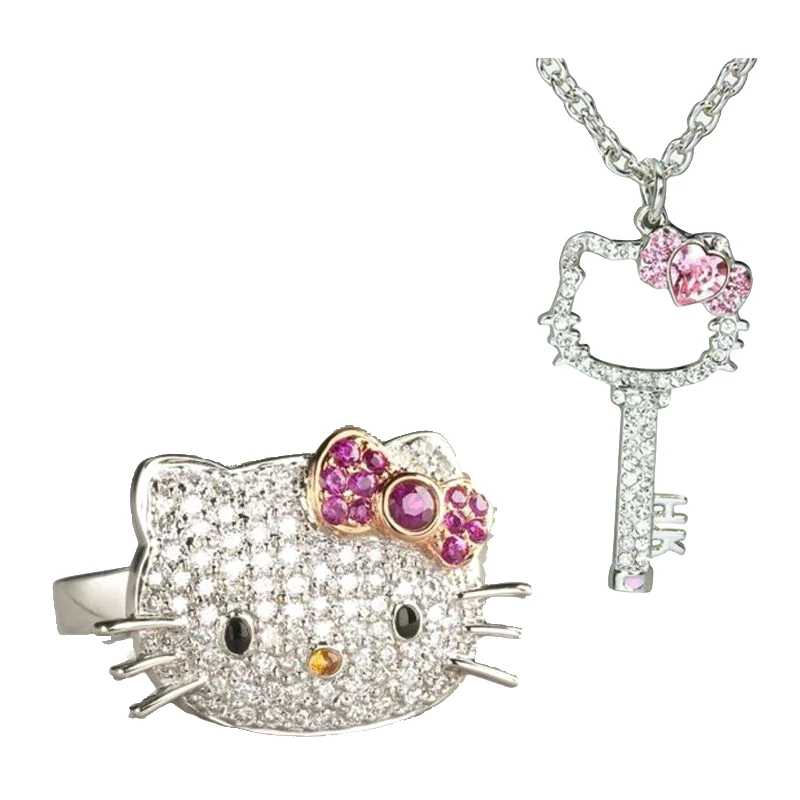 Love Heart Hello Kitty Rhinestone Finger Ring Shiny Crystal Kitty Cat Pendant Necklace Thin Chain Necklaces Women's Jewelry