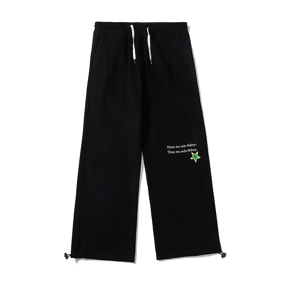 Calça alta masculina, carta toalha bordada, elástico na cintura, cordão, casual, reto, perna larga, calças de streetwear hip hop