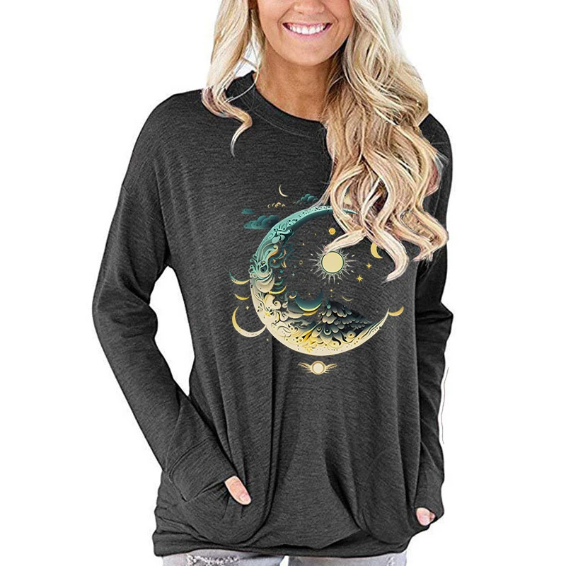 Premium Long-sleeved T-shirt Women Boho Vintage Mystic Moon and Sun Graphic T Shirts Women Celestial Sun and Moon Classic Tops