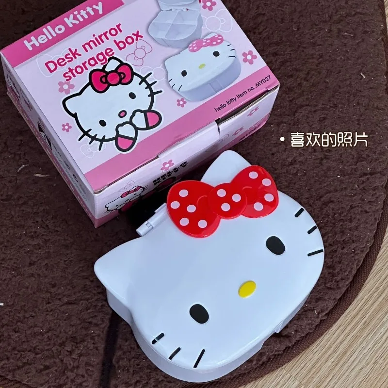

Kawaii Hello Kitty Storage Box Makeup Mirror Card Cute Tong Anime Toys Women Supplies Desktop Ornaments Wholesale Girl Students