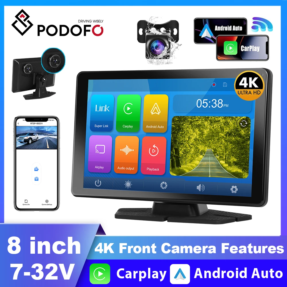 

Podofo 8 inch Wireless CarPlay Car Monitor Android Auto Support Bluetooth Apple Airplay Front Rear Camera DVR 4K for Car Truck