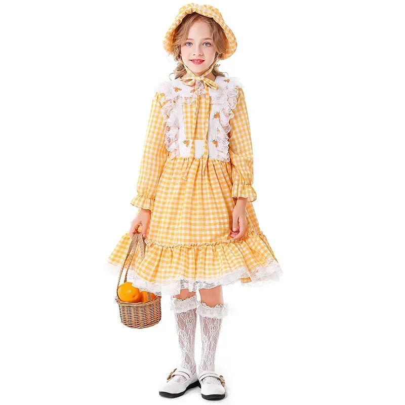 

Children's Yellow Plaid Floral Colonial Girl Costume Prairie Pilgrim Farm Theme Vintage Dress For Girls