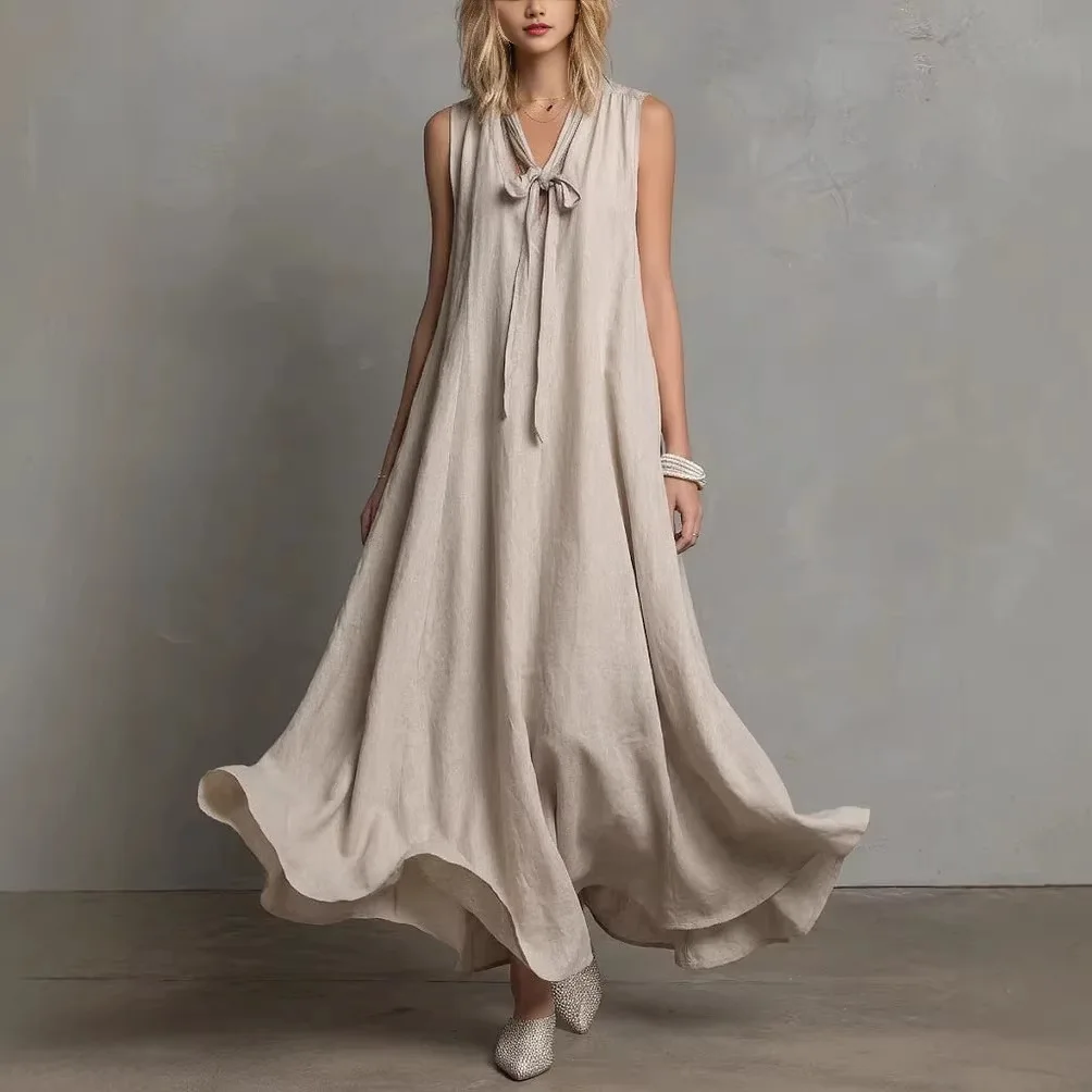 

Summer Women Fashion Linen Cotton Dresses Elegant Sexy V Neck Lace-UP Sleeveless Flowy Maxi Dress Casual Long Dresses Streetwear