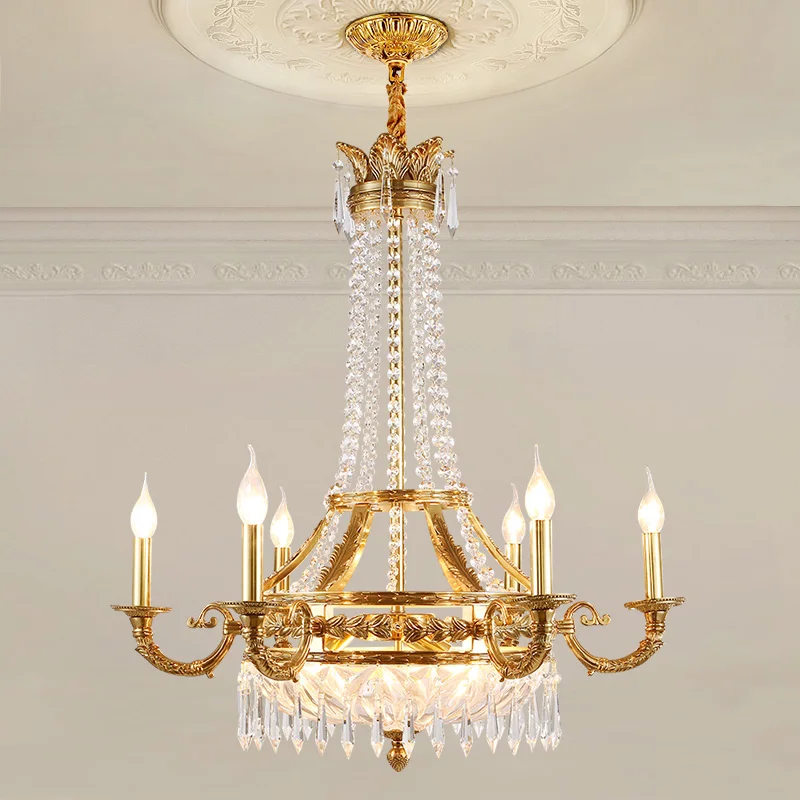 French Empire Candle Copper Chandelier Living Room Villa Duplex Pendant Lamp European Brass Crystal Suspension Chandelier