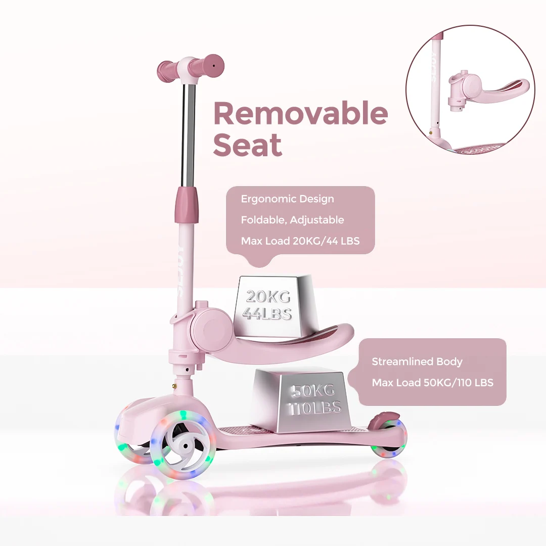 子供用キックスクーター、3輪LEDライト付き、調節可能なリーン・トゥ・ステアハンドルバー、折りたたみ式シート、座ったり立ったりできる、3～8歳向け