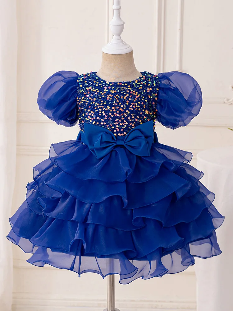 

2025Girls' New Holiday Party Puff Sleeve Sequin Bow Dress