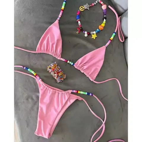 2026 New Micro Bikinis Push Up Women Swimsuits Sexy Swimwear Brazilian Bikini Set Solid Biquini Bead Swimsuit Summer Beachwear