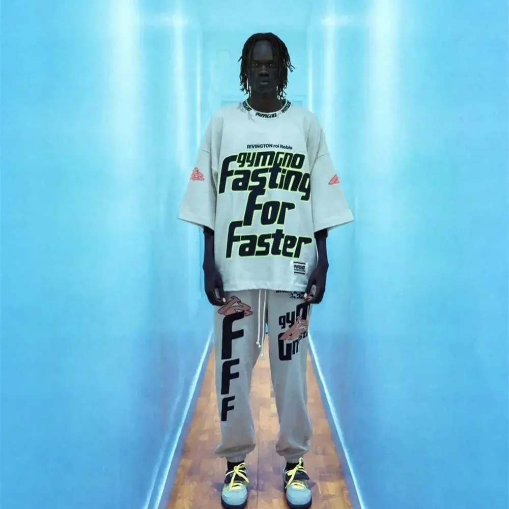 

RRR123 American High Street Graffiti Letter Print "Fasting for Faster T-shirts" Loose Round Neck Short Sleeve