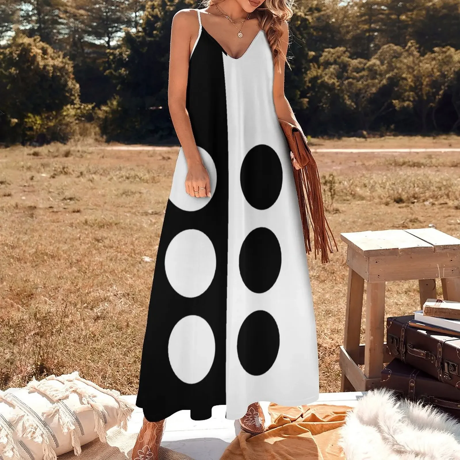 Black and White Mod Design Off Center Circles Sleeveless Dress women's luxury party dress Women's dress