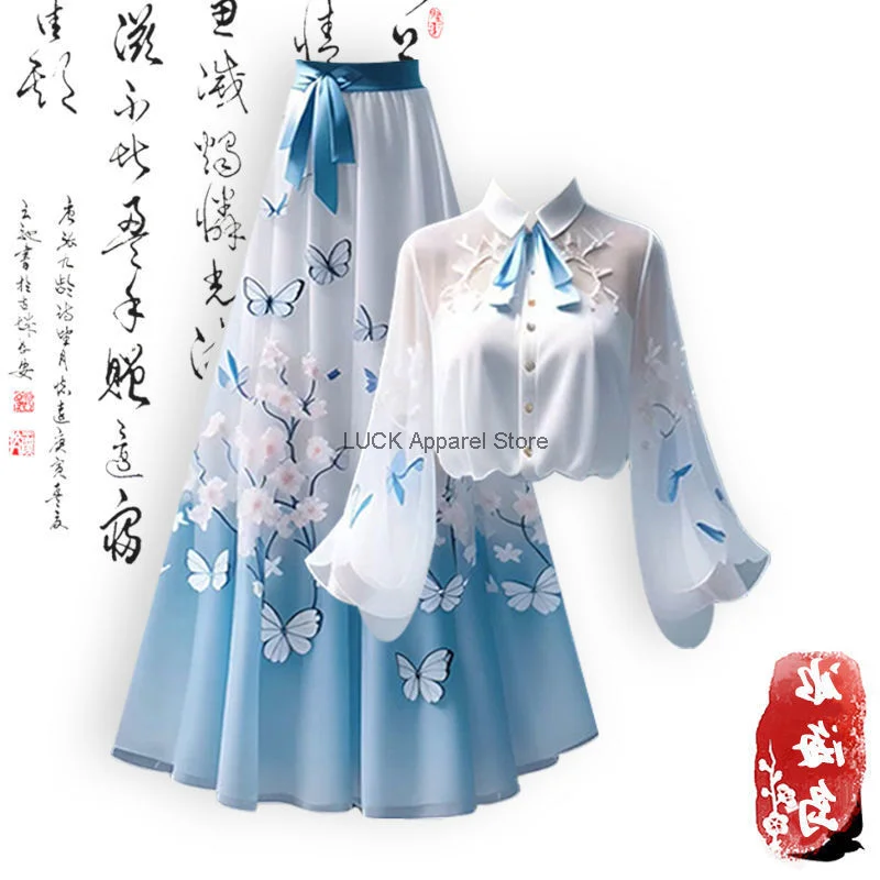 Roupa estilo chinês para o verão, camisas hanfu melhoradas para um vestido novo estilo, conjunto de meia saia emagrecedora