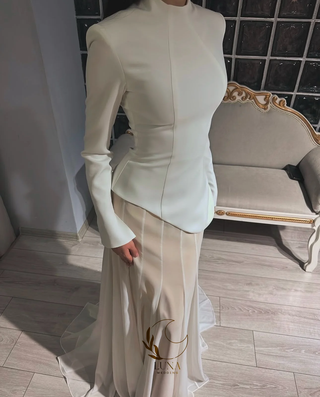 Luna Long Sleeves Crepe Ivory Formal Prom Dresses Wedding Special Occasion Evening Dress Chic Design Party Gown