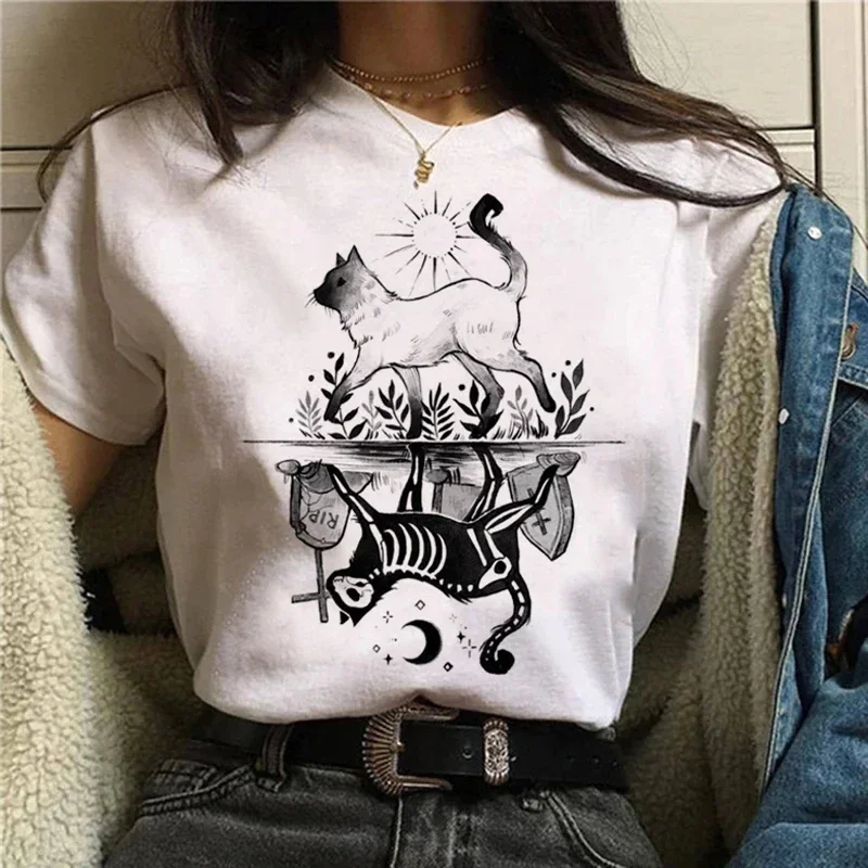 Desenhos animados gato do halloween camiseta estampada para senhoras, camiseta de algodão respirável, blusa manga curta, moda de rua retrô, verão