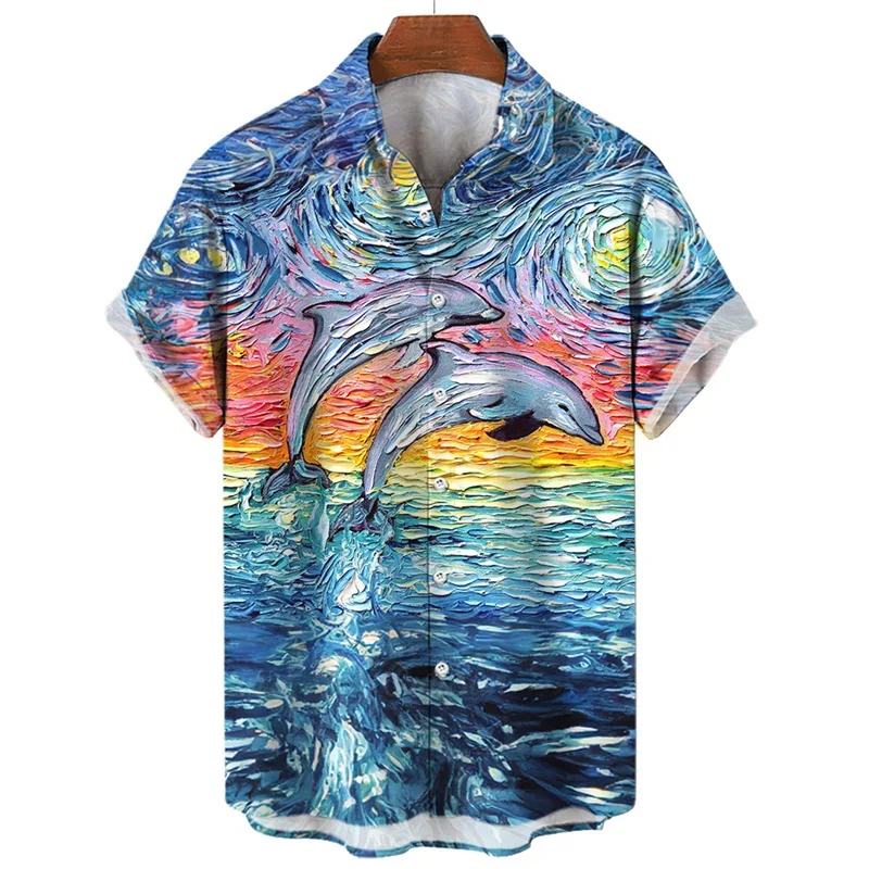 3D Print Abstract Oil Painting Hawalian Shirt Men Art Animal Pattern Beach Shirts Casual Short Sleeve Blouses Button Lapel Tops