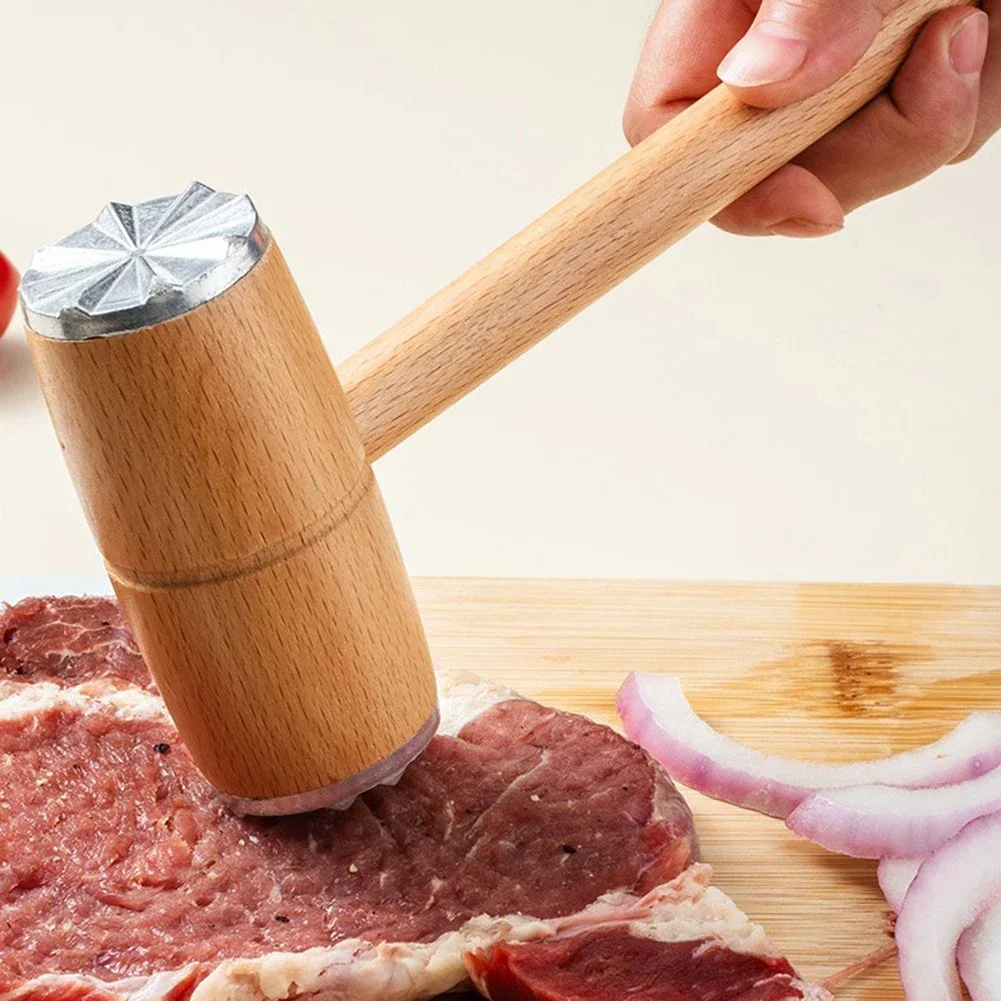 1 Pcs Meat Tenderizer Hammer With Wooden Handle Heavy Sturdy Meat Mallet Dual-side Meat Mallet For Kitchen Meat Pounder Hammer